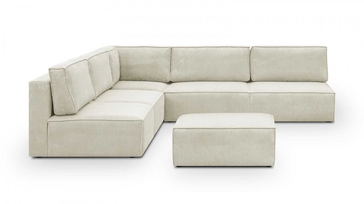 Canapé d'angle à gauche modulable 8 places avec pouf en velours côtelé beige - Harper Mod