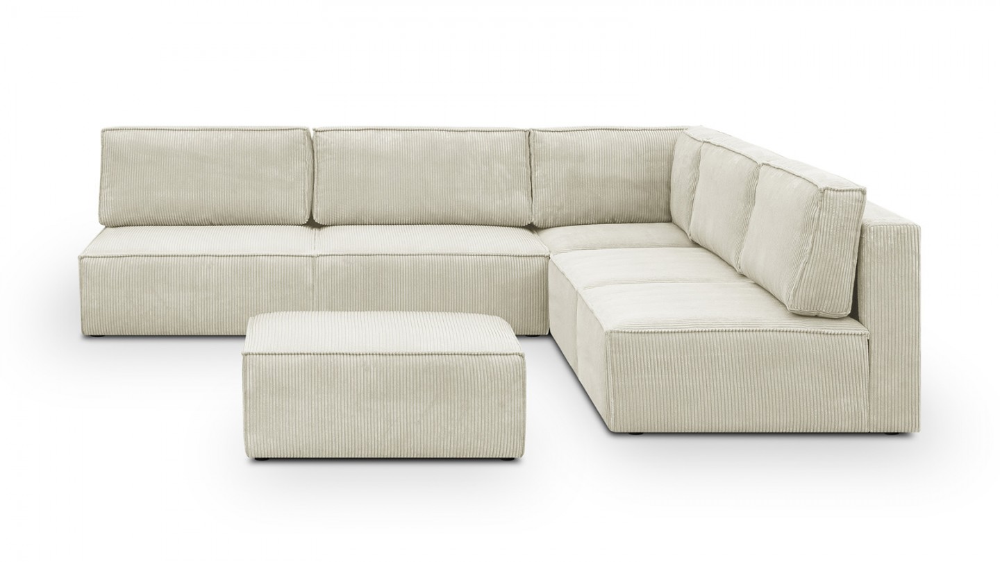 Canapé d'angle à droite modulable 8 places avec pouf en velours côtelé beige - Harper Mod