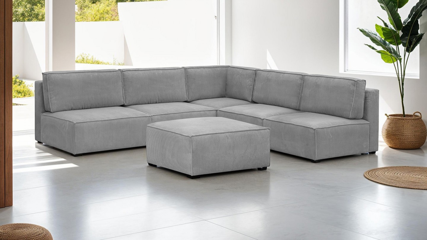 Canapé d'angle à droite modulable 8 places avec pouf en velours côtelé gris clair - Harper Mod