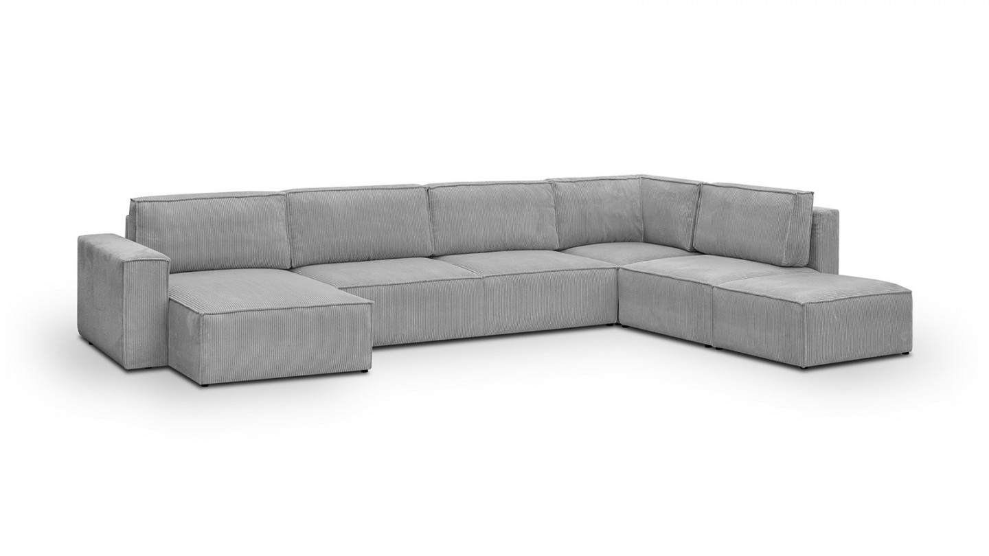 Canapé d'angle à droite panoramique convertible modulable 8 places avec pouf en velours côtelé gris clair - Harper Mod