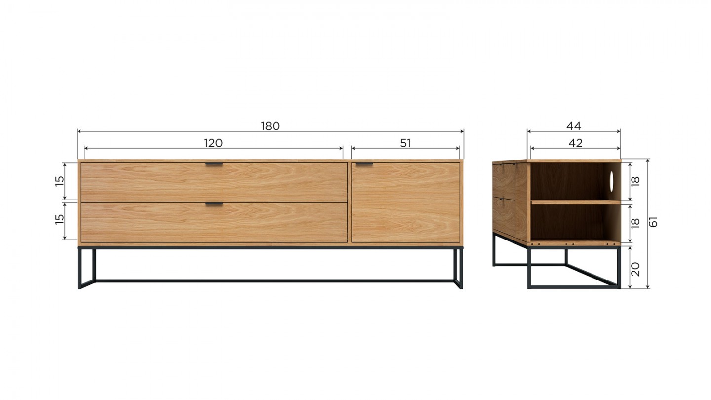 Meuble TV 1 porte 2 tiroirs effet chêne 180 cm - Silas