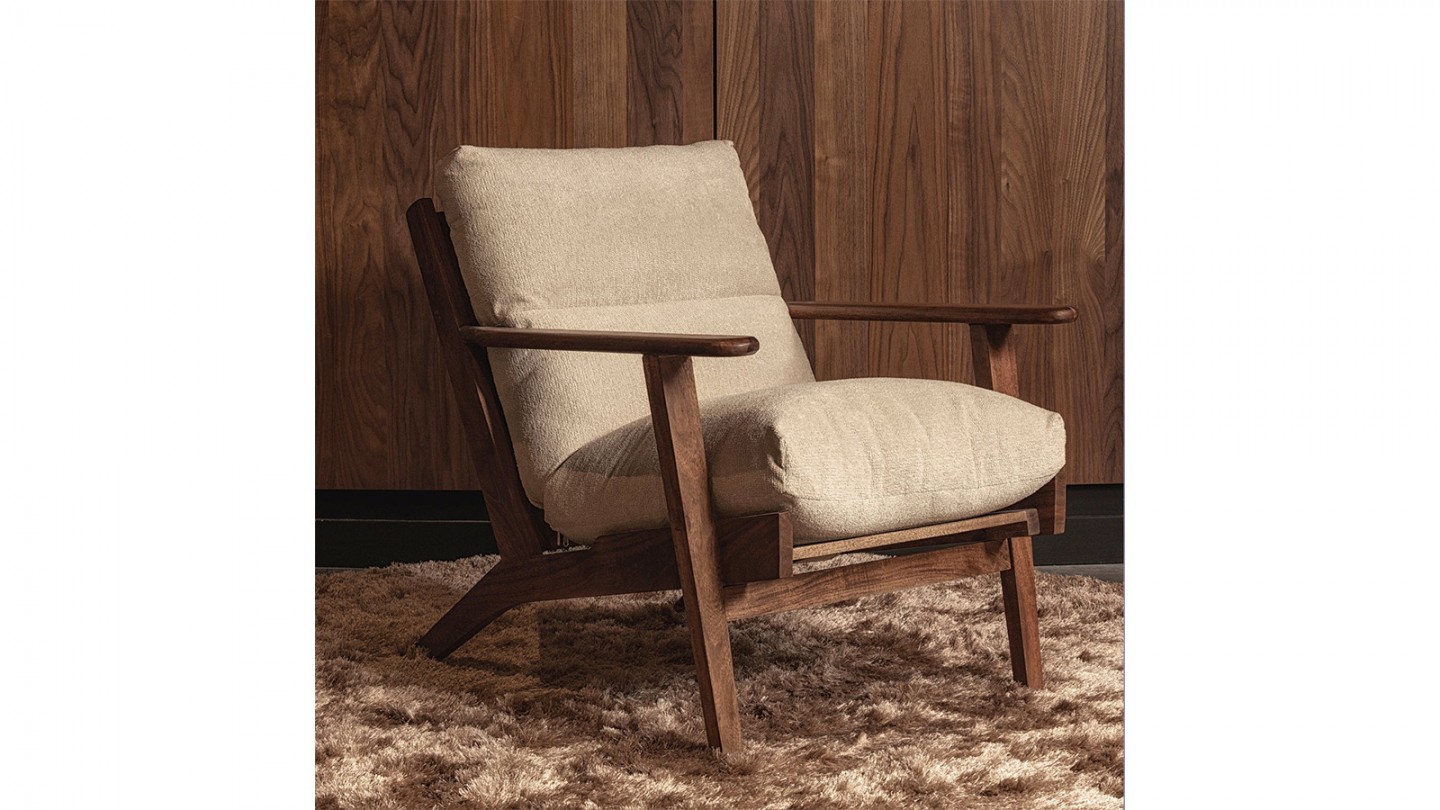 Fauteuil en bois massif et tissu bouclé écru - Houston