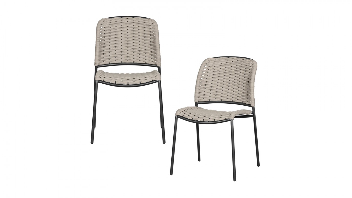 Lot de 2 chaises de jardin sans accoudoirs en corde couleur sable et aluminium noir - Taku