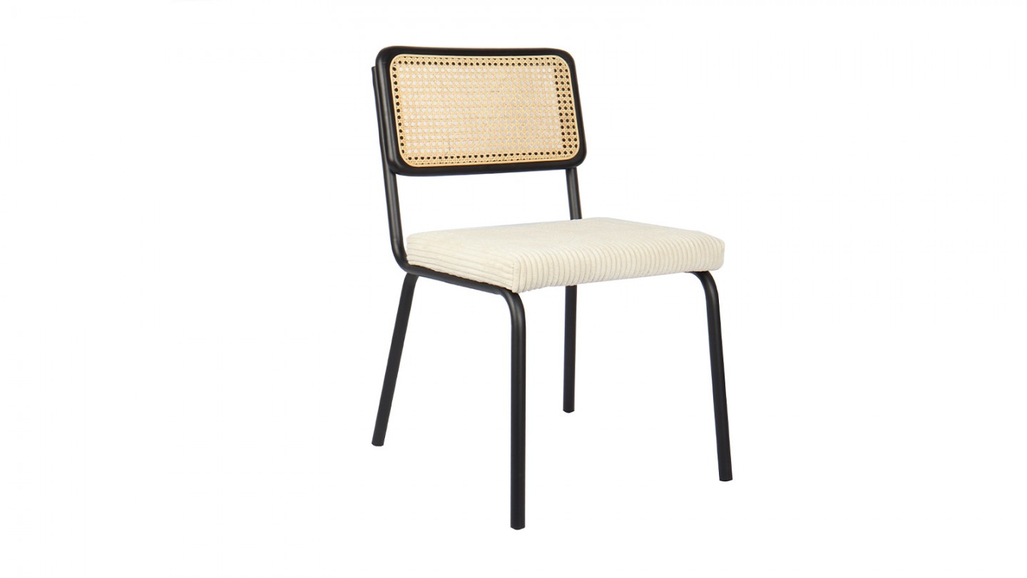 Lot de 2 chaises en cannage velours côtelé beige et métal noir - Paula