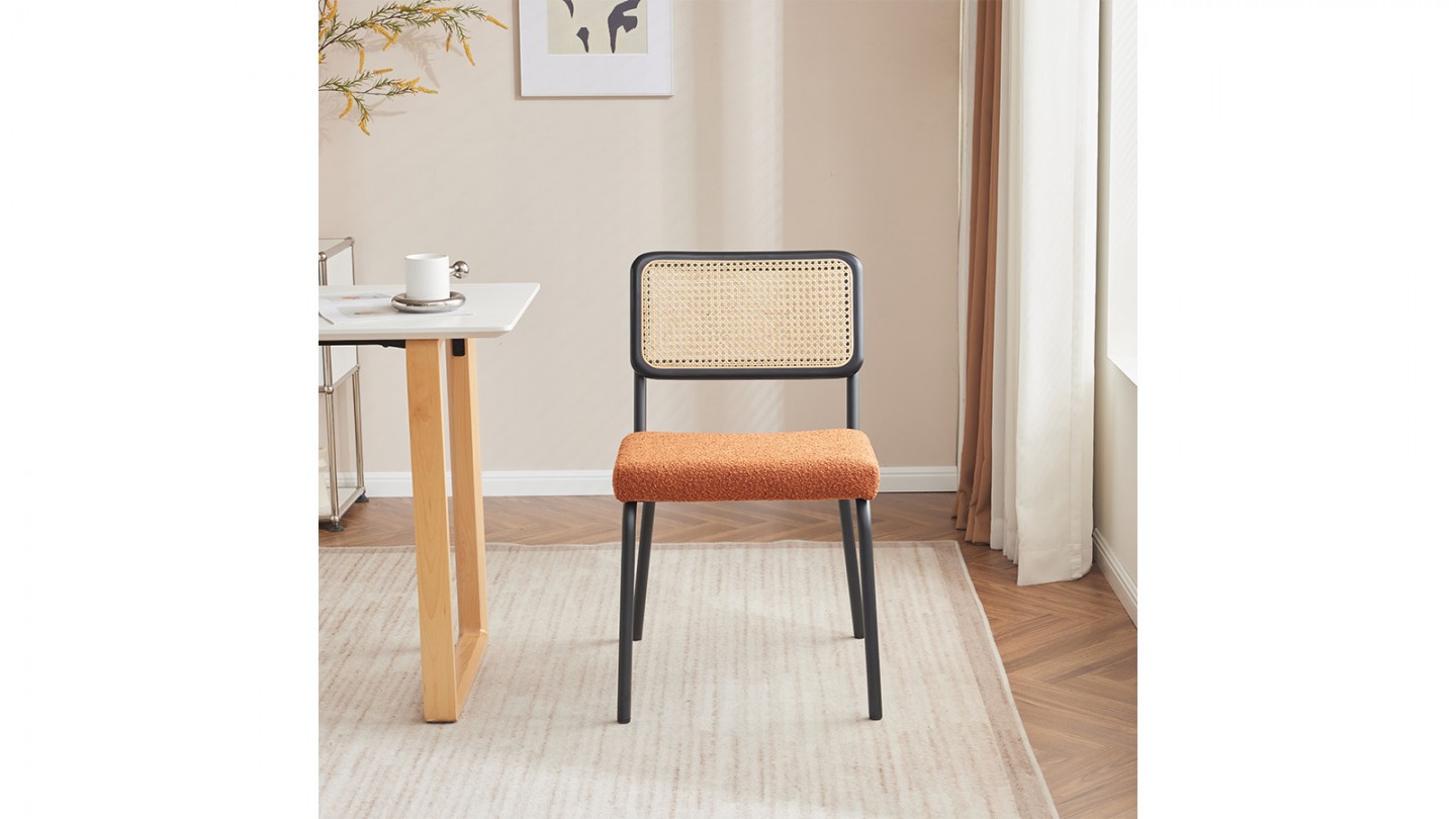 Lot de 2 chaises en cannage tissu bouclé rouille et métal noir - Paula