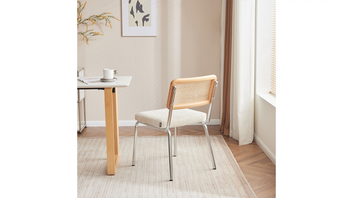 Lot de 2 chaises en acier chromé, cannage naturel et velours côtelé beige - Paula