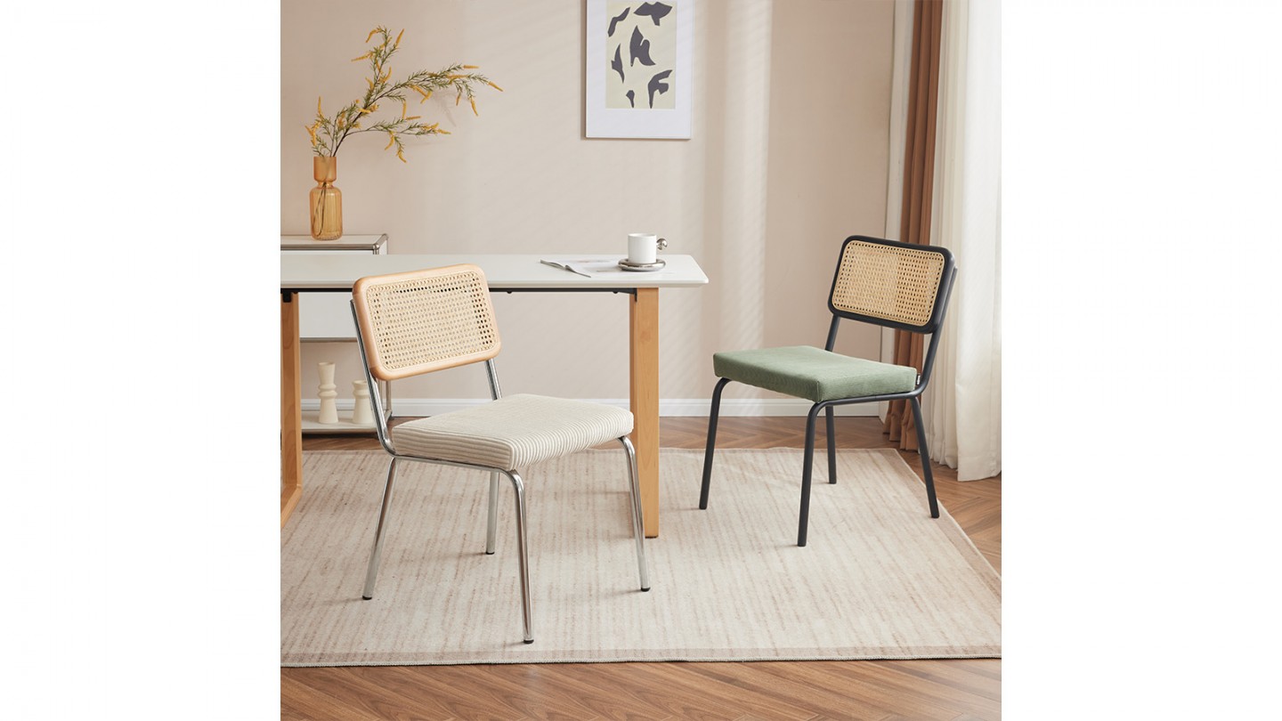 Lot de 2 chaises en acier chromé, cannage naturel et velours côtelé beige - Paula