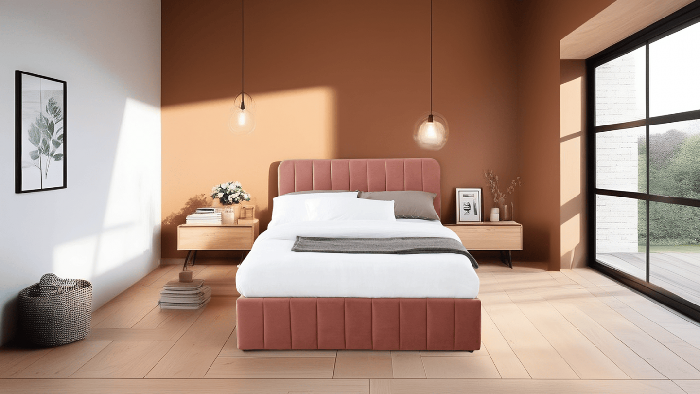 Lit coffre 140x190cm en velours rose blush avec tête de lit + sommier à lattes - Collection Ava - ELLE DECO