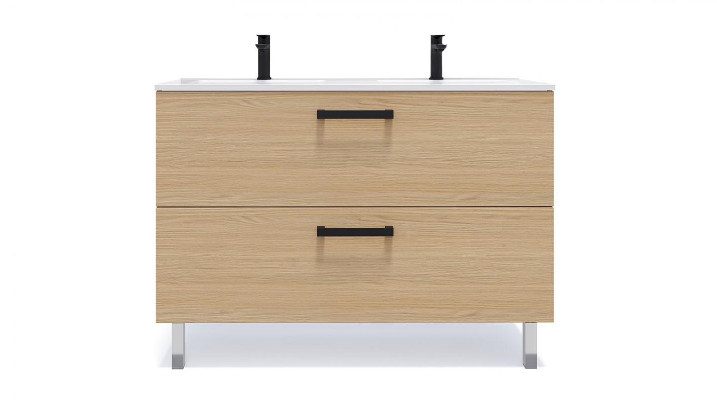 Meuble de salle de bain suspendu avec pieds double vasque intégrée 120cm 2 tiroirs Chêne clair - Chango