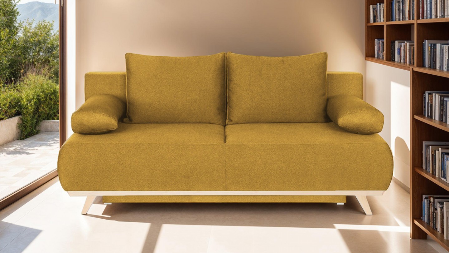Canapé convertible 3 places avec coffre de rangement en tissu jaune moutarde - Laria New