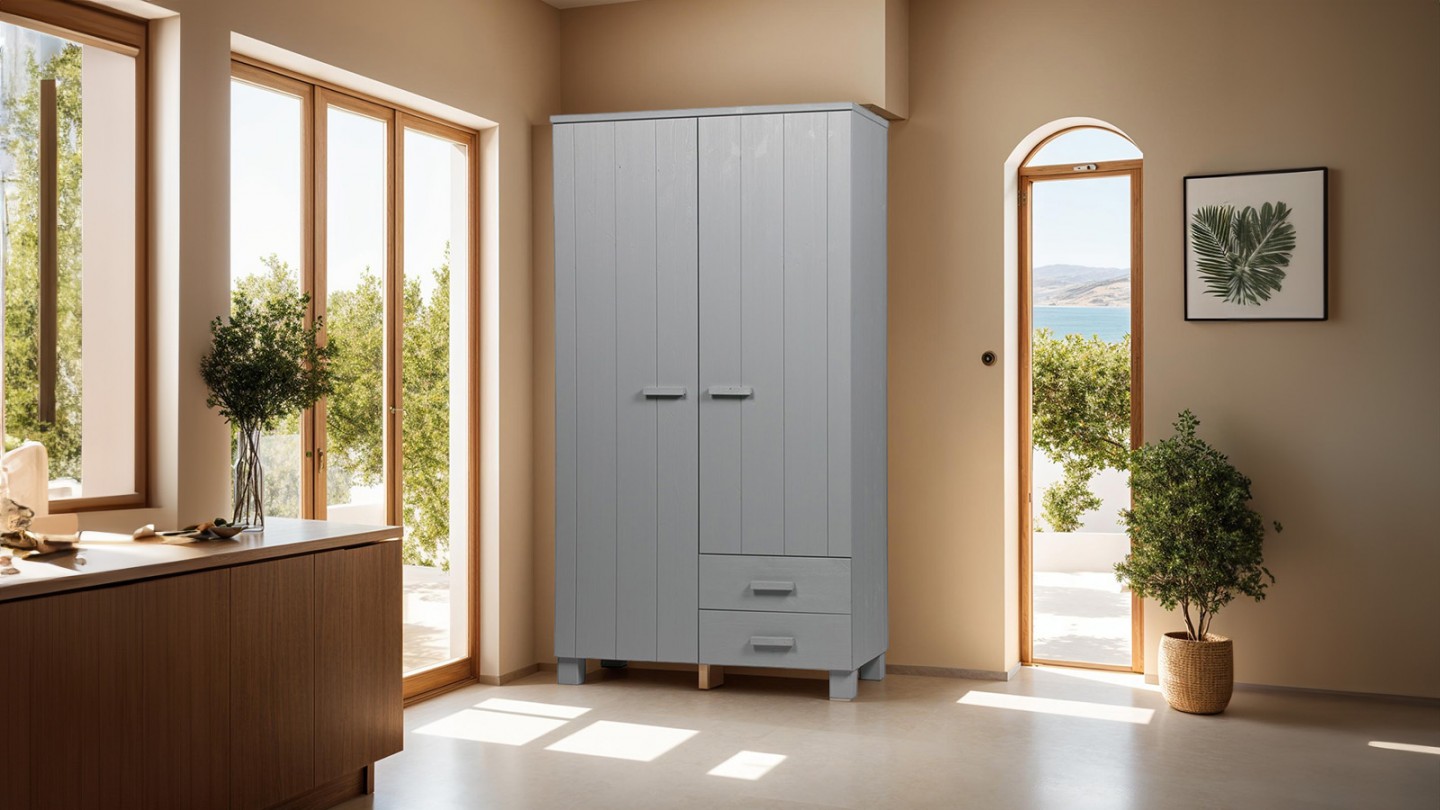 Armoire 2 portes 2 tiroirs en pin gris béton - Collection Dennis - Woood