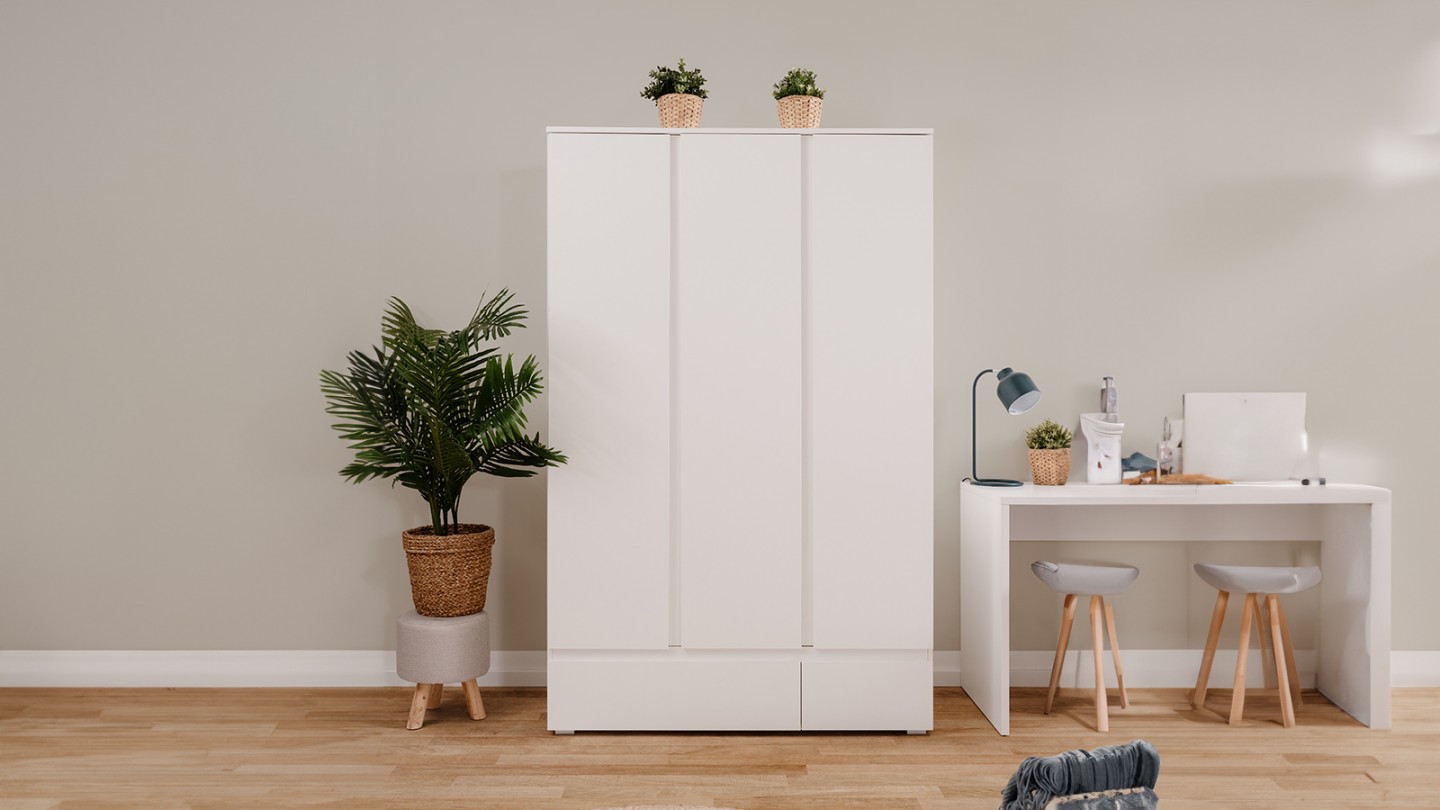 Armoire 3 portes 2 tiroirs blanche 122 cm - Medea