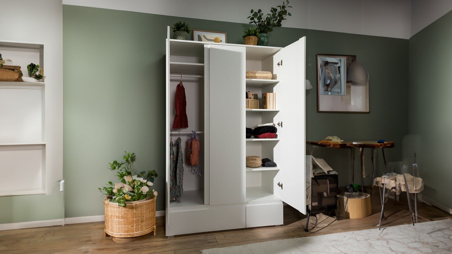 Armoire 3 portes 2 tiroirs blanche 122 cm - Medea