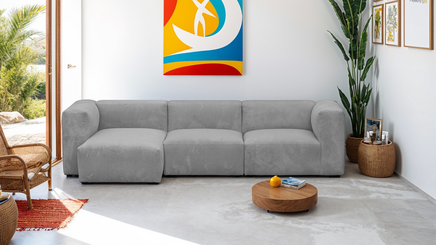 Canapé d'angle à gauche modulable avec méridienne 4 places en velours côtelé gris clair - Modulo Canapé d'angle à gauche modulable avec méridienne 4 places en velours côtelé gris clair - Modulo