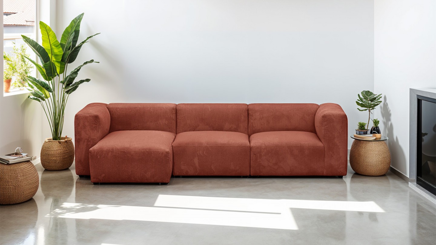 Canapé d'angle à gauche modulable avec méridienne 4 places en velours côtelé rouille - Modulo New Canapé d'angle à gauche modulable avec méridienne 4 places en velours côtelé rouille - Modulo New