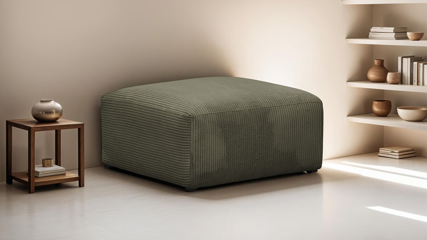 Pouf / repose-pieds modulable en velours côtelé vert kaki - Modulo