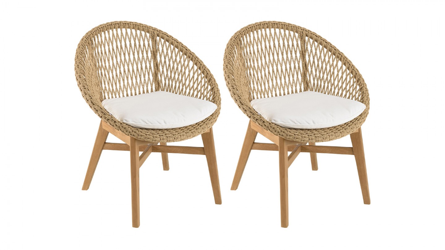 Lot de 2 fauteuils jardin arrondi teck rotin synthé. /coussin VALERIA