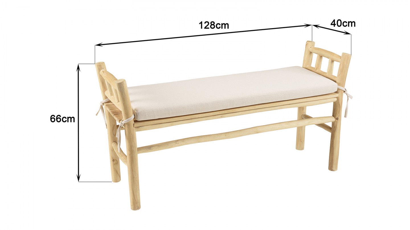 Banc en teck naturel 128 cm avec coussin blanc - Will