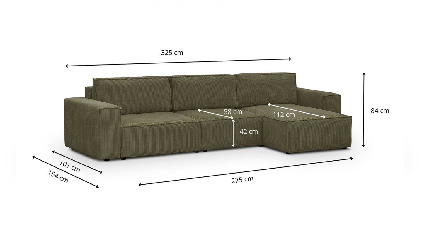 Canapé d'angle modulable 5 places en velours côtelé vert kaki - Harper Mod