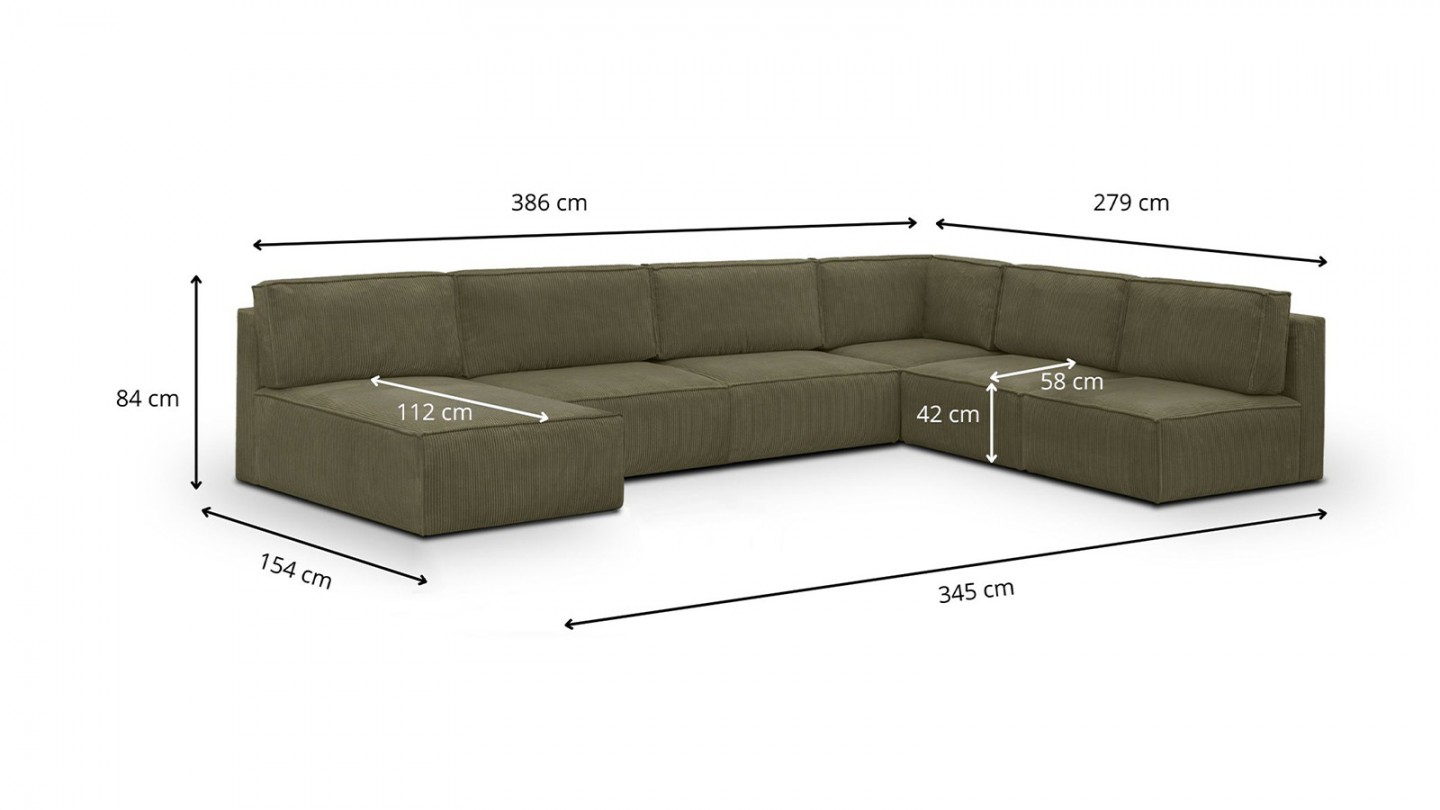 Canapé d'angle à gauche panoramique modulable convertible 9/10 places en velours côtelé vert kaki - Harper Mod