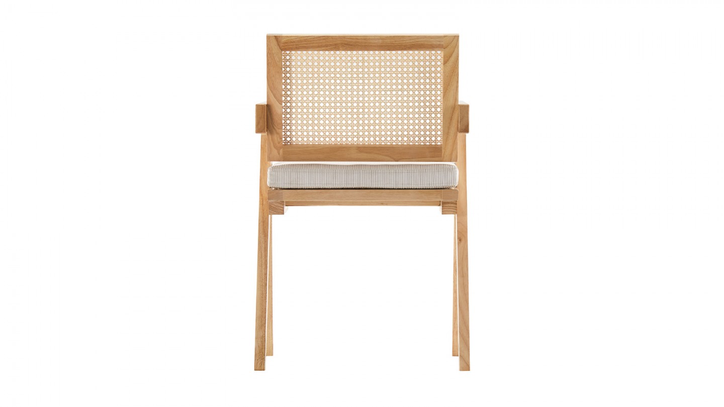 Chaise en bois massif, cannage naturel et velours côtelé beige - Lina