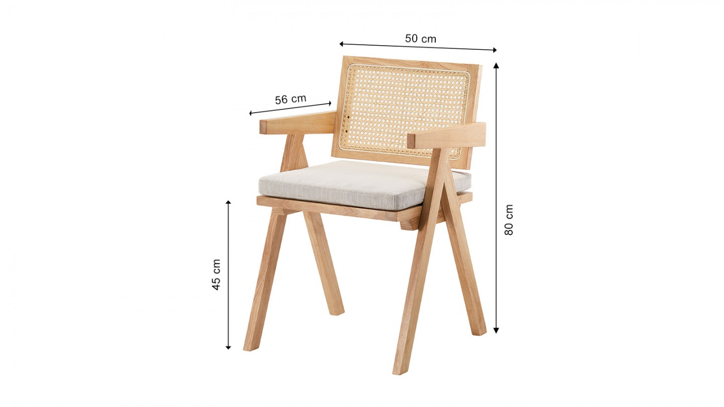 Chaise en bois massif, cannage naturel et velours côtelé beige - Lina