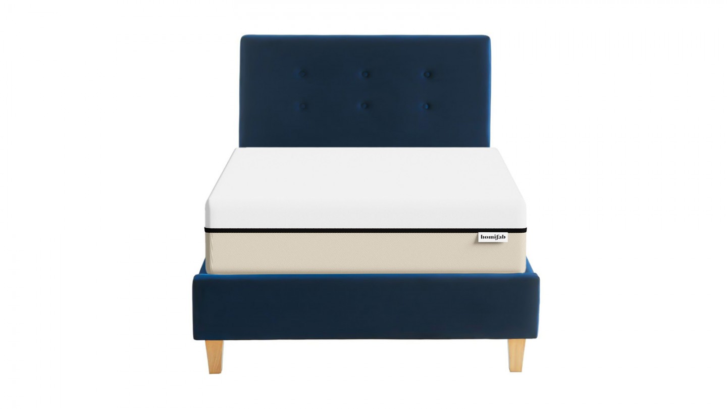 Ensemble lit 90x190 en velours bleu foncé Milo + Matelas Hybride à ressorts ensachés et mémoire de forme - Spring Elite