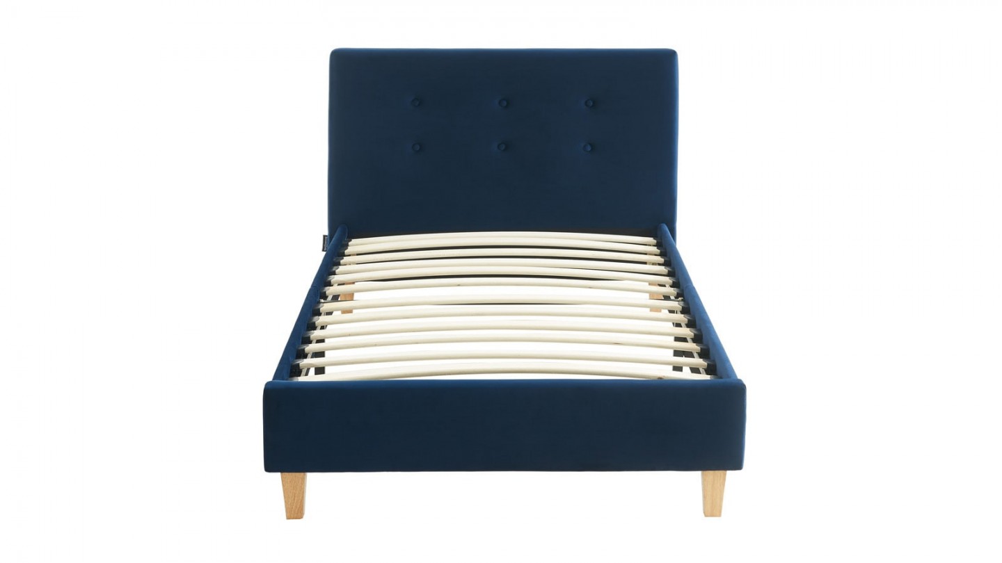 Ensemble lit 90x190 en velours bleu foncé Milo + Matelas Hybride à ressorts ensachés et mémoire de forme - Spring Elite