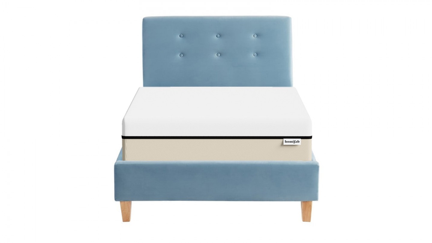 Ensemble lit 90x190 en velours bleu Milo + Matelas Hybride à ressorts ensachés et mémoire de forme - Spring Elite