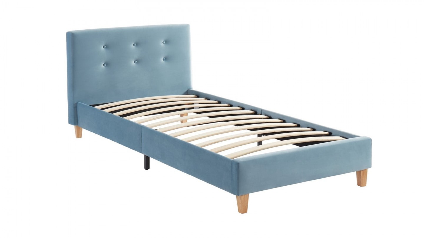 Ensemble lit 90x190 en velours bleu Milo + Matelas Hybride à ressorts ensachés et mémoire de forme - Spring Elite