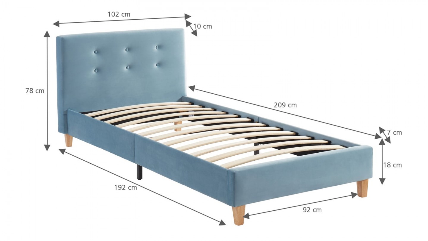 Ensemble lit 90x190 en velours bleu Milo + Matelas Hybride à ressorts ensachés et mémoire de forme - Spring Elite