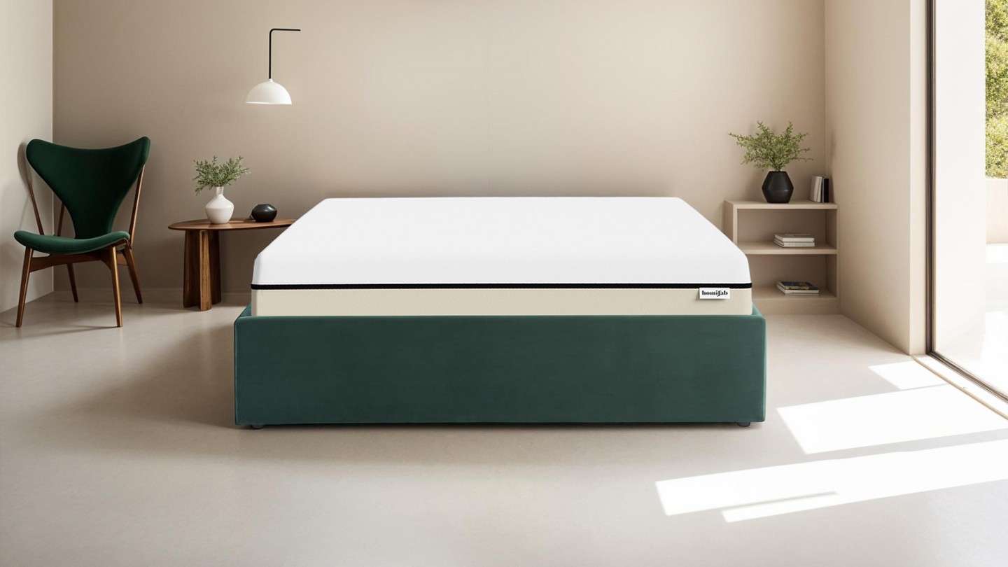 Ensemble lit coffre 140x190 en velours vert Handy + Matelas Hybride à ressorts ensachés et mémoire de forme - Spring Elite