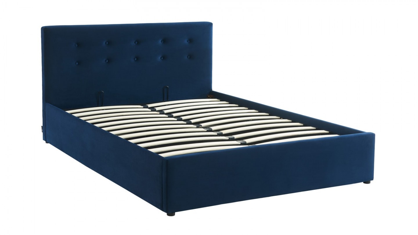 Ensemble lit coffre 140x190 en velours bleu foncé Tina + Matelas Hybride à ressorts ensachés et mémoire de forme - Spring Elite