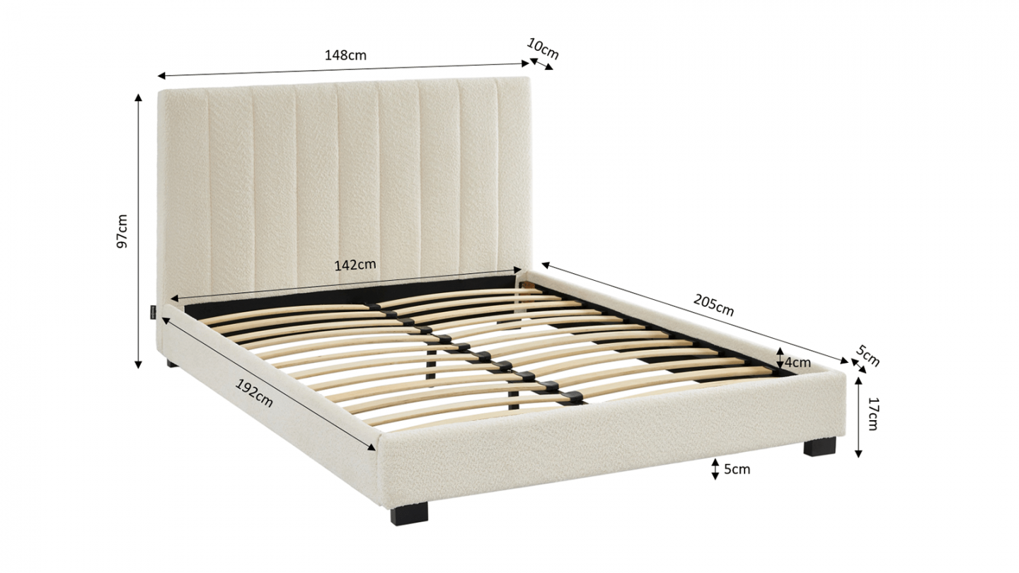 Ensemble lit 140x190 en tissu bouclé écru - William + Matelas Hybride à ressorts ensachés et mémoire de forme - Spring Elite