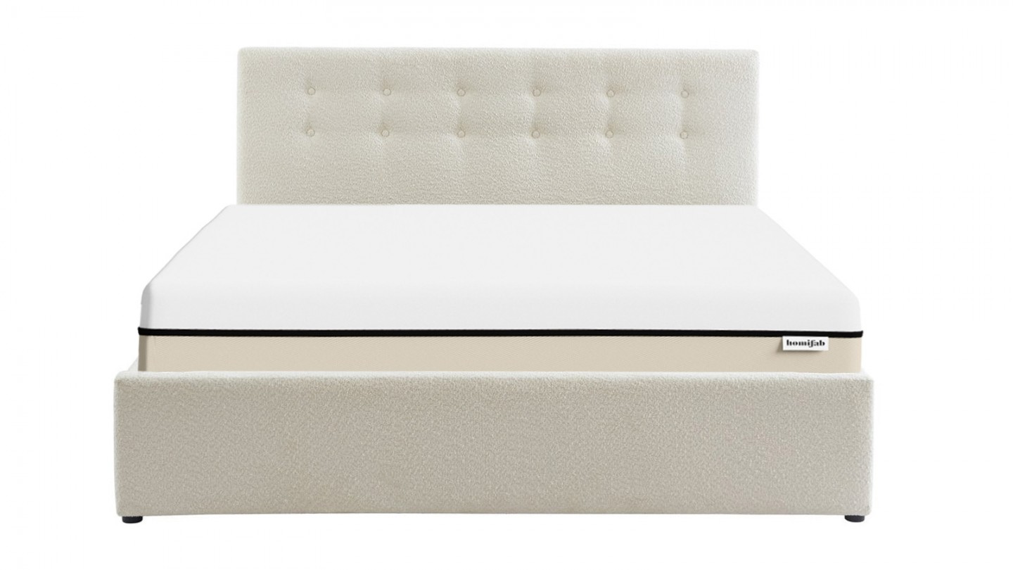 Ensemble lit coffre 140x190 en tissu bouclé écru Tina + Matelas Hybride à ressorts ensachés et mémoire de forme - Spring Elite