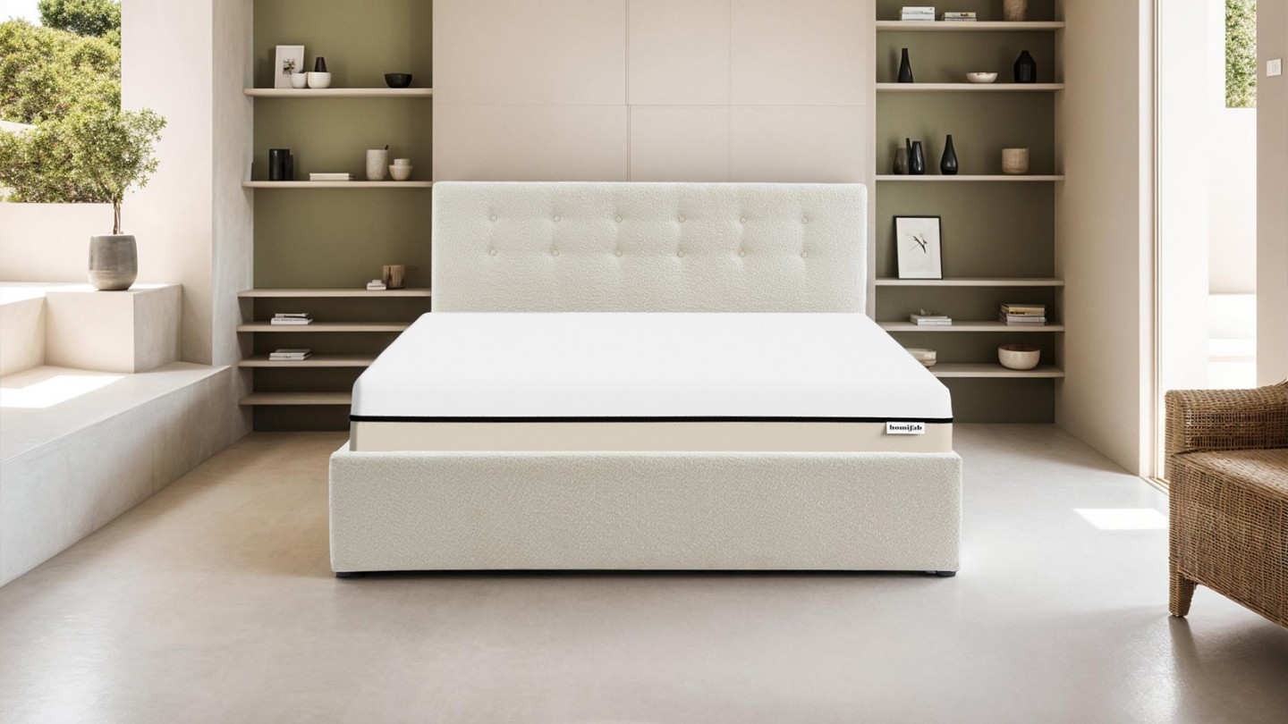 Ensemble lit coffre 140x190 en tissu bouclé écru Tina + Matelas Hybride à ressorts ensachés et mémoire de forme - Spring Elite