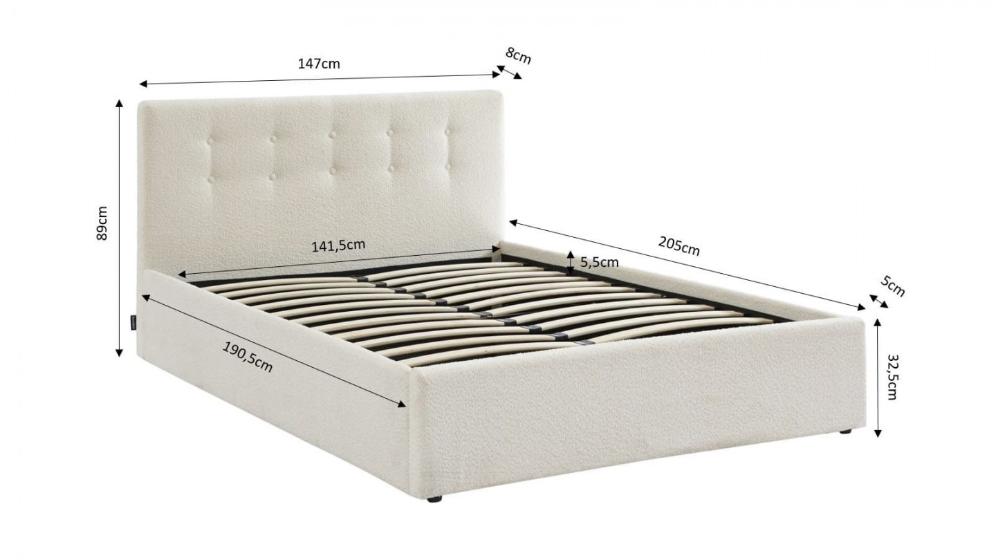 Ensemble lit coffre 140x190 en tissu bouclé écru Tina + Matelas Hybride à ressorts ensachés et mémoire de forme - Spring Elite