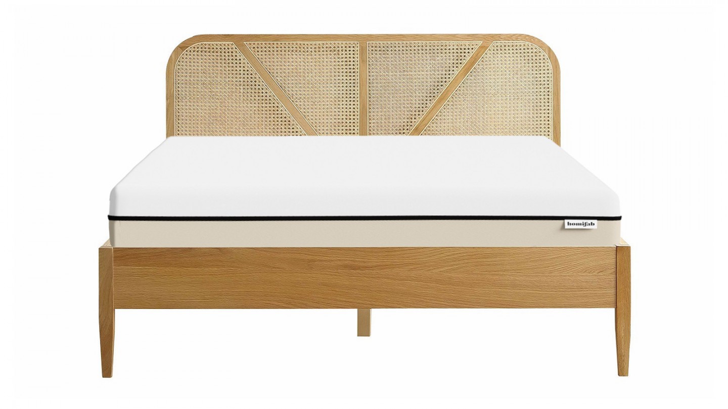 Ensemble lit 140x190 en bois et cannage Leonie + Matelas Hybride à ressorts ensachés et mémoire de forme - Spring Elite