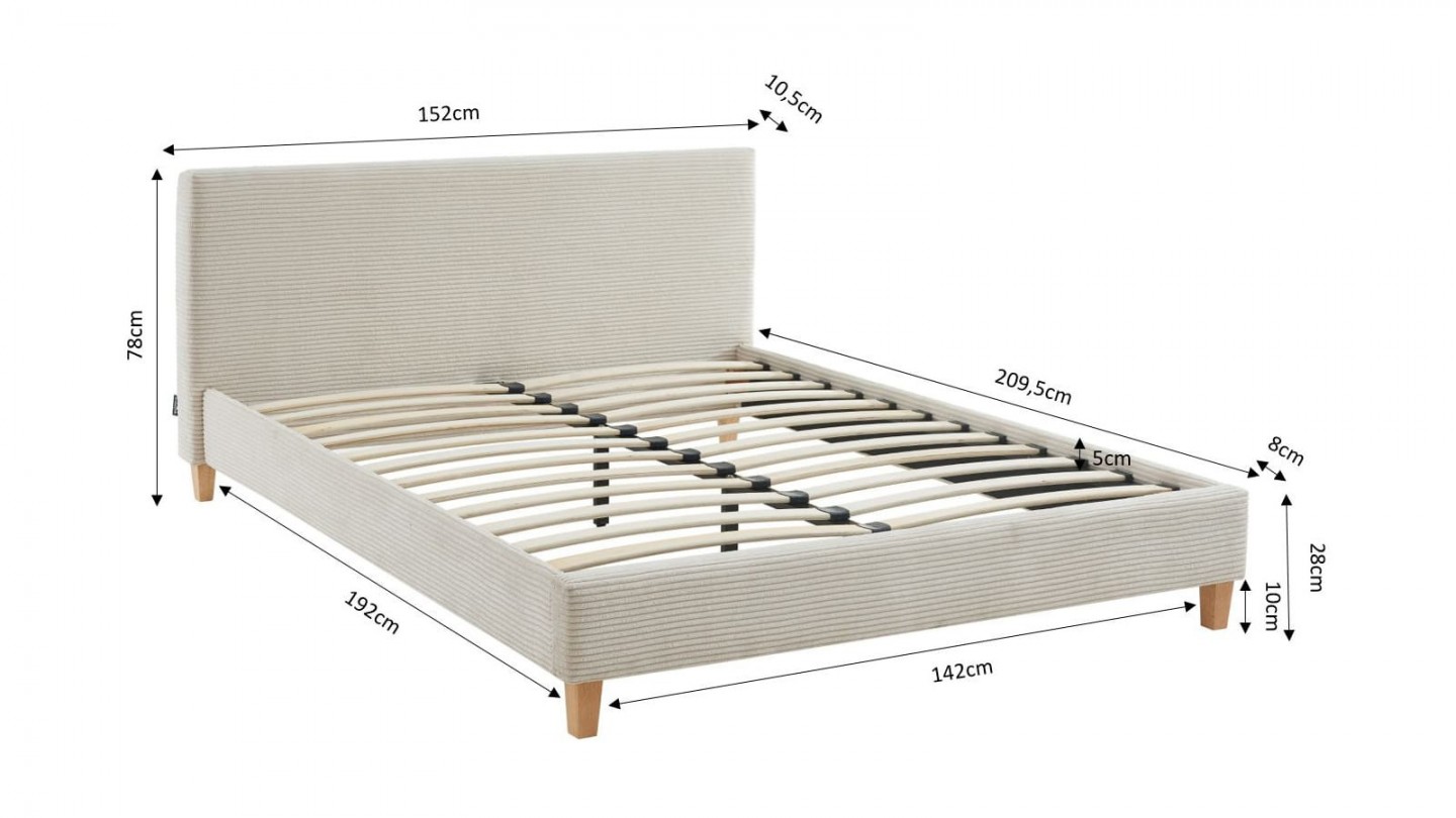 Ensemble lit 140x190 en velours côtelé beige Milo + Matelas Hybride à ressorts ensachés et mémoire de forme - Spring Elite