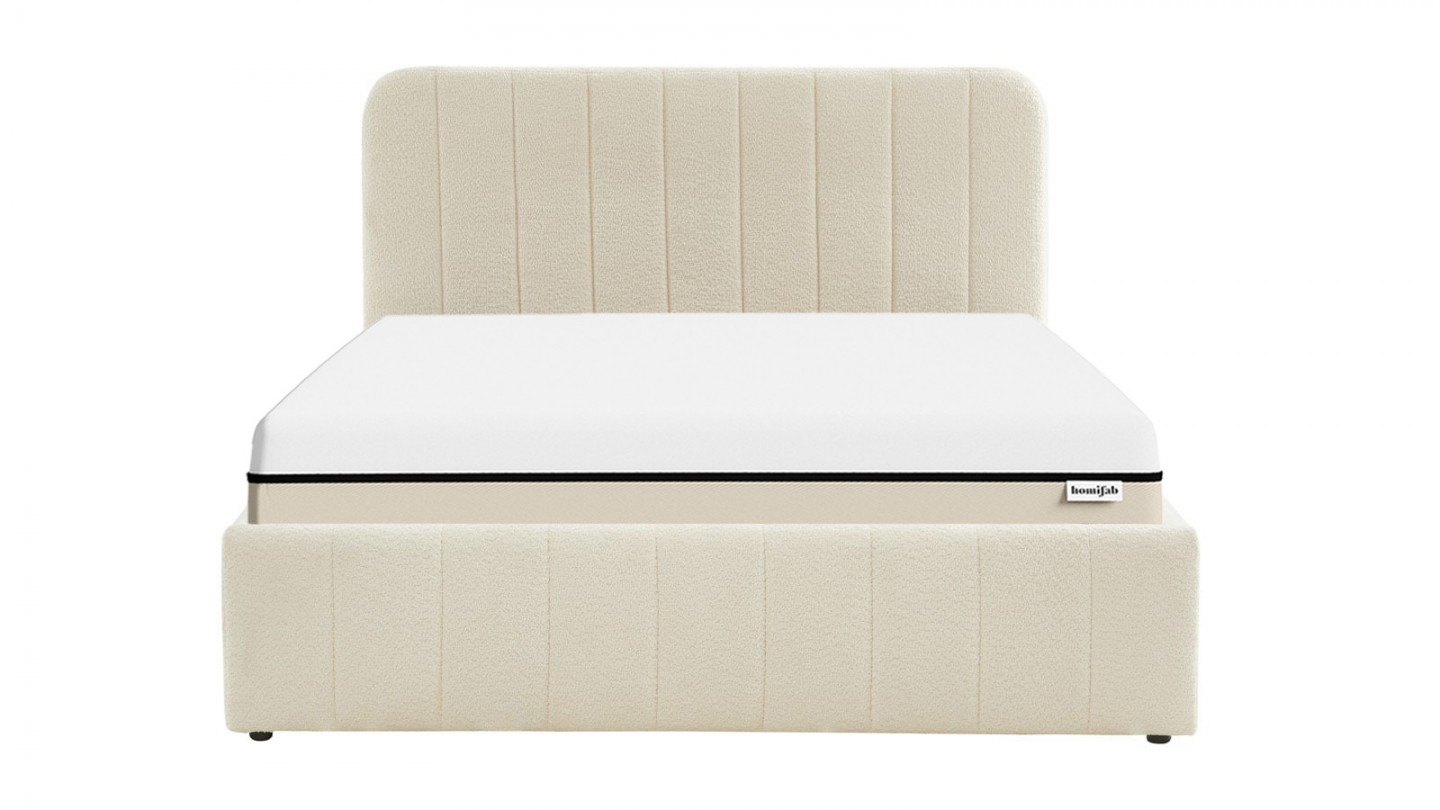 Ensemble lit coffre 160x200 en tissu bouclé écru Ava + Matelas Hybride à ressorts ensachés et mémoire de forme - Spring Elite