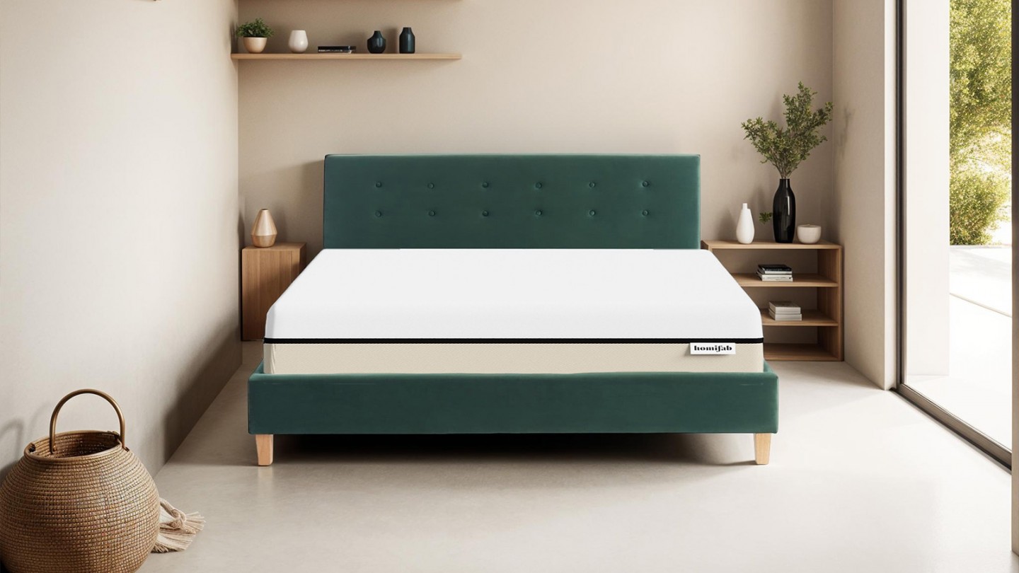 Ensemble lit 160x200 en velours vert bouteille Milo + Matelas Hybride à ressorts ensachés et mémoire de forme - Spring Elite