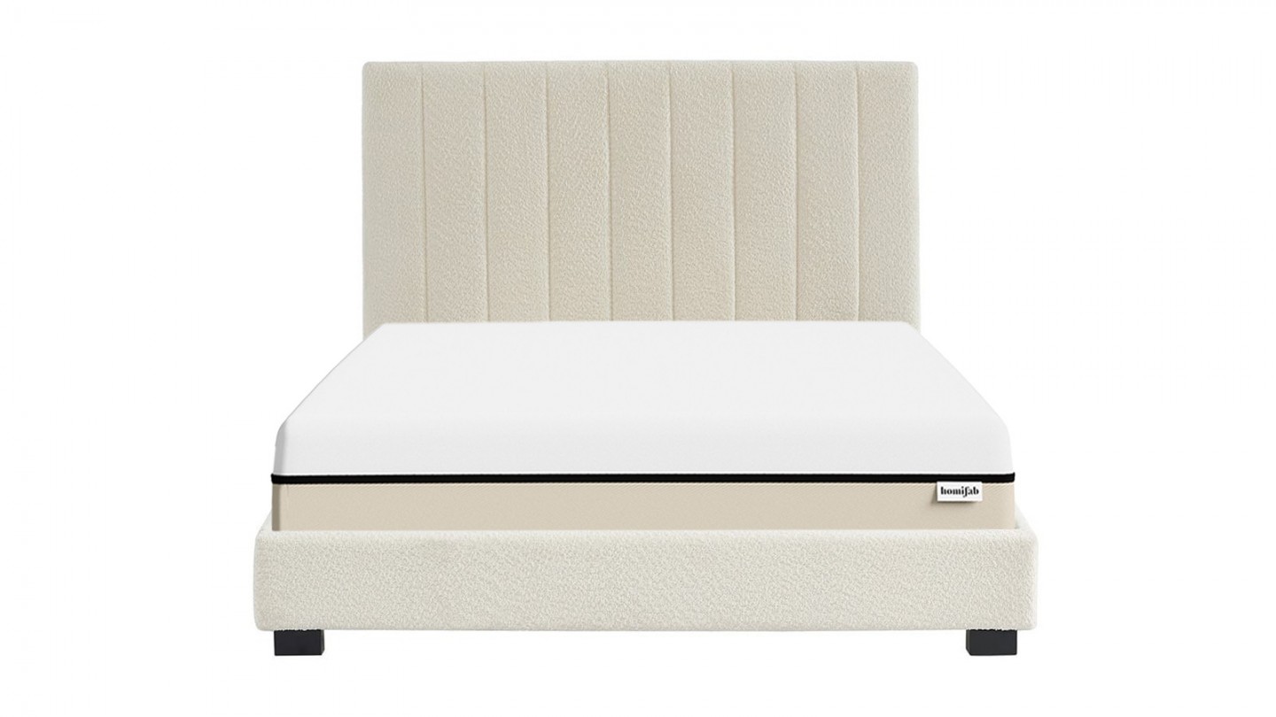 Ensemble lit 160x200 en tissu bouclé écru William + Matelas Hybride à ressorts ensachés et mémoire de forme - Spring Elite