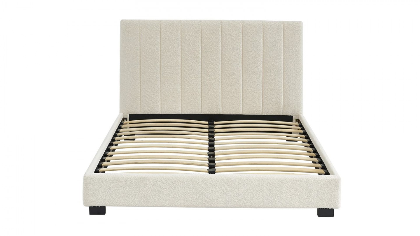 Ensemble lit 160x200 en tissu bouclé écru William + Matelas Hybride à ressorts ensachés et mémoire de forme - Spring Elite