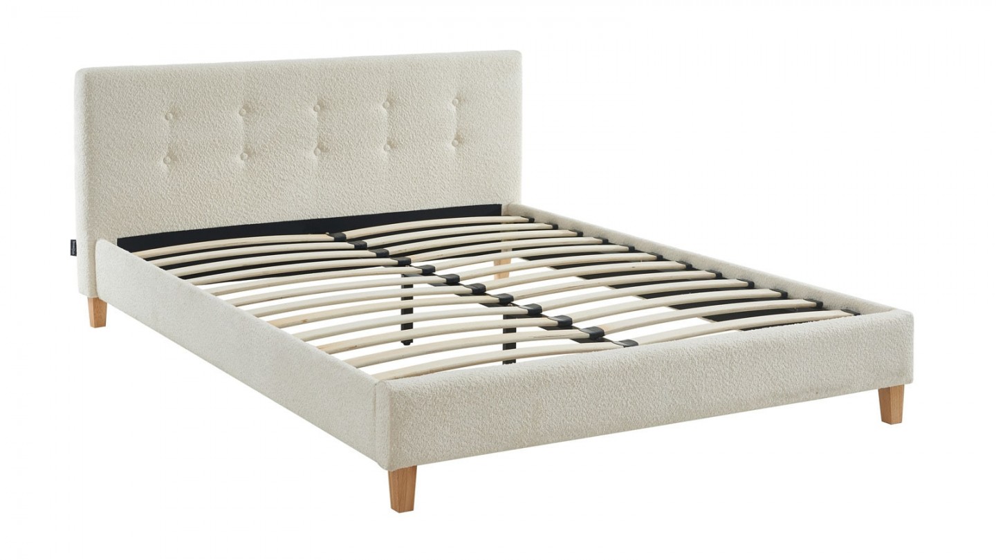 Ensemble lit 160x200 en tissu bouclé écru Milo + Matelas Hybride à ressorts ensachés et mémoire de forme - Spring Elite