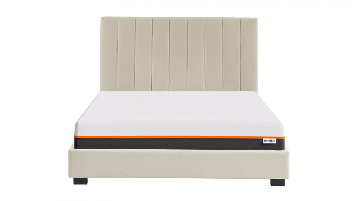 Ensemble lit 140x190 en velours beige William + Matelas mousse gel à mémoire de forme, double confort - Dual Confort