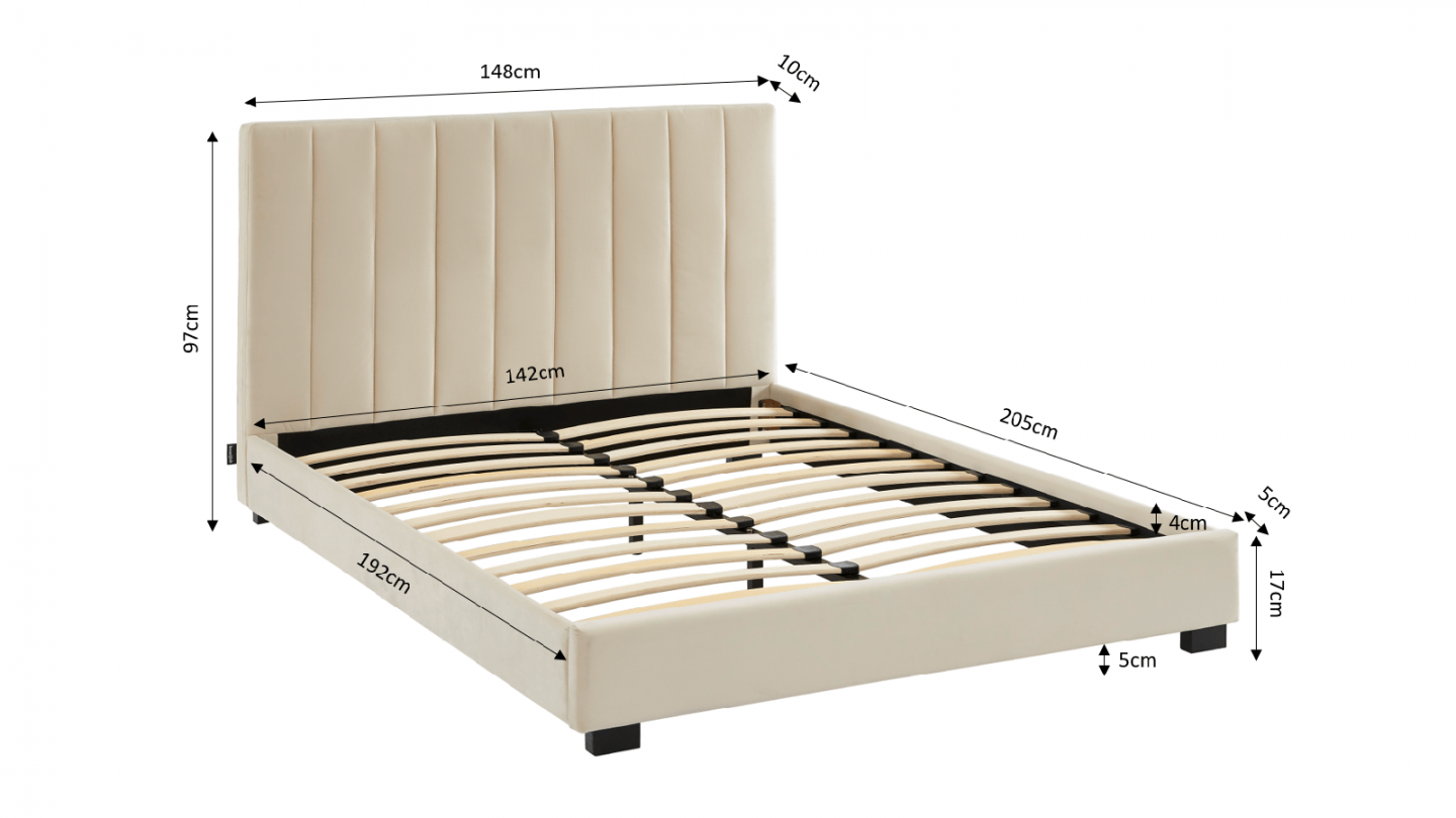 Ensemble lit 140x190 en velours beige William + Matelas mousse gel à mémoire de forme, double confort - Dual Confort