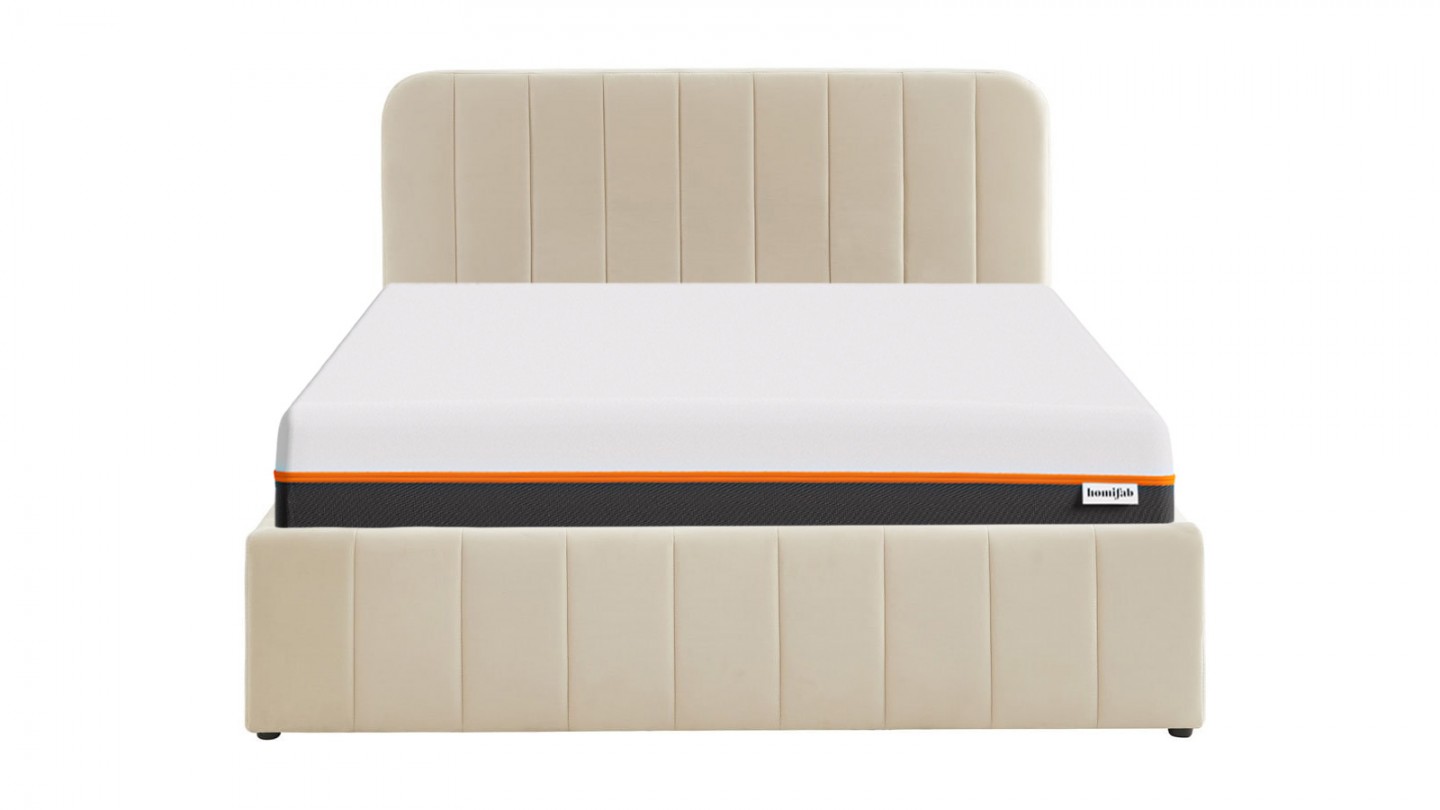 Ensemble lit coffre 140x190 en velours beige Ava + Matelas mousse gel à mémoire de forme, double confort - Dual Confort