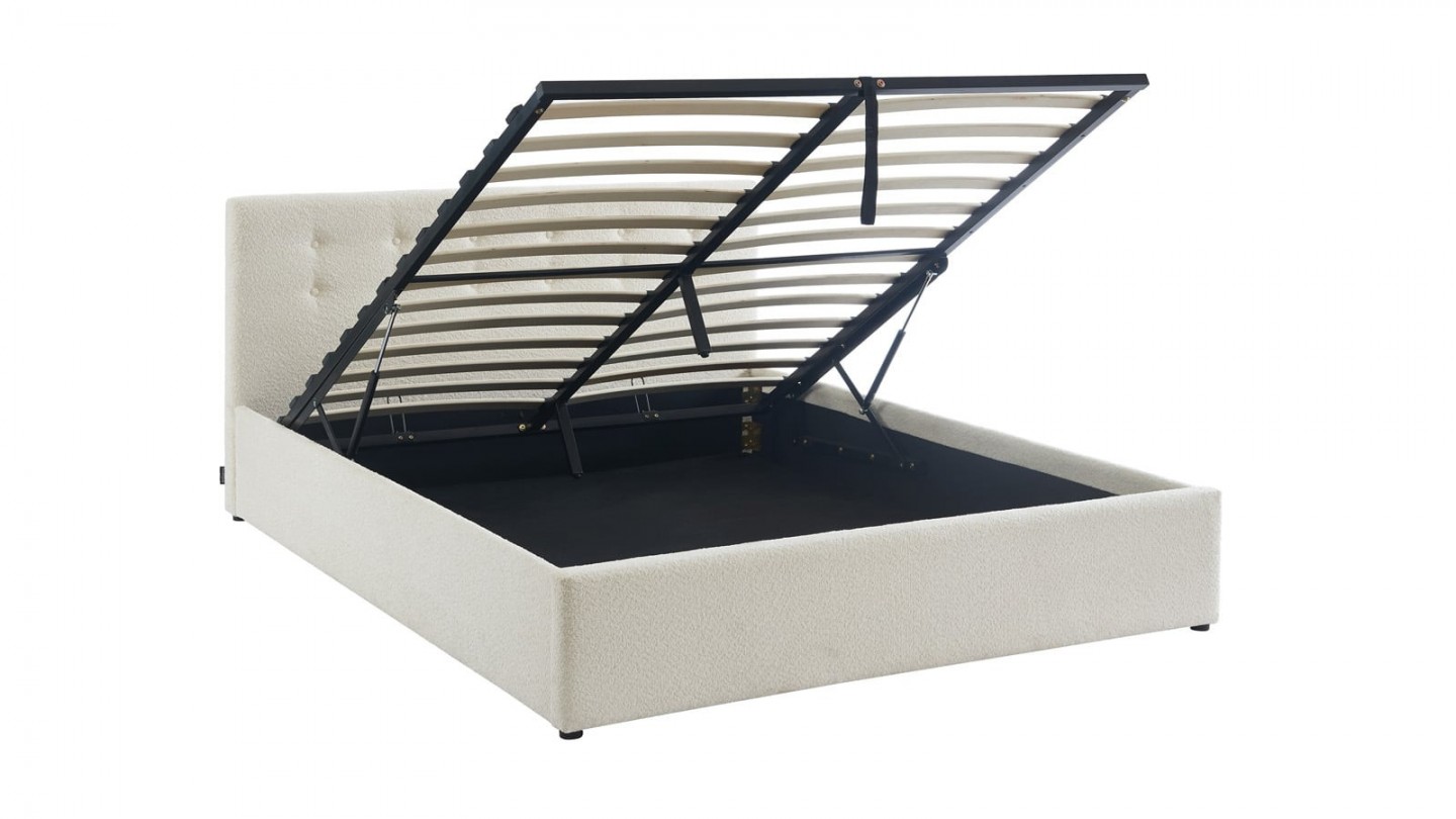 Ensemble lit coffre 140x190 en tissu bouclé écru Tina + Matelas mousse gel à mémoire de forme, double confort - Dual Confort