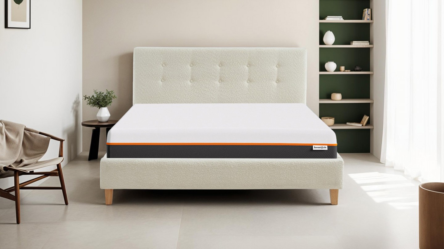 Ensemble lit 140x190 en tissu bouclé écru Milo + Matelas mousse gel à mémoire de forme, double confort - Dual Confort