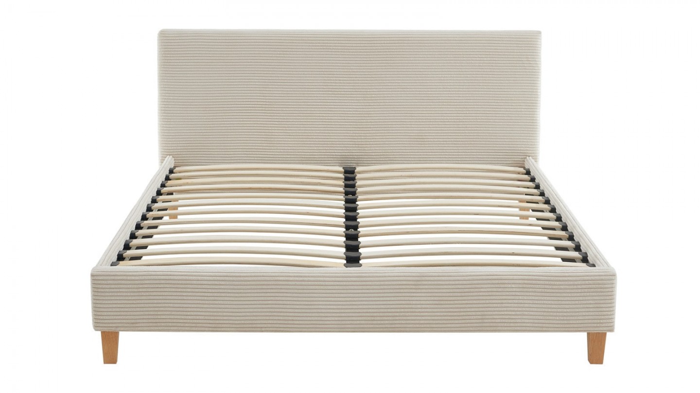 Ensemble lit 140x190 en velours côtelé beige Milo + Matelas mousse gel à mémoire de forme, double confort - Dual Confort